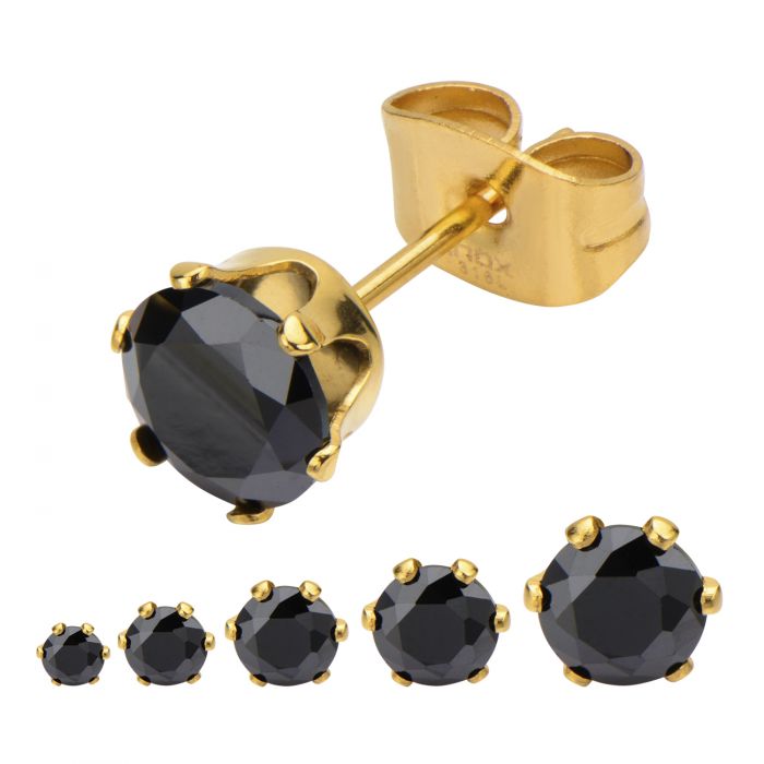 Gold Plated Steel with Black CZ Stud Earrings (Unisex)