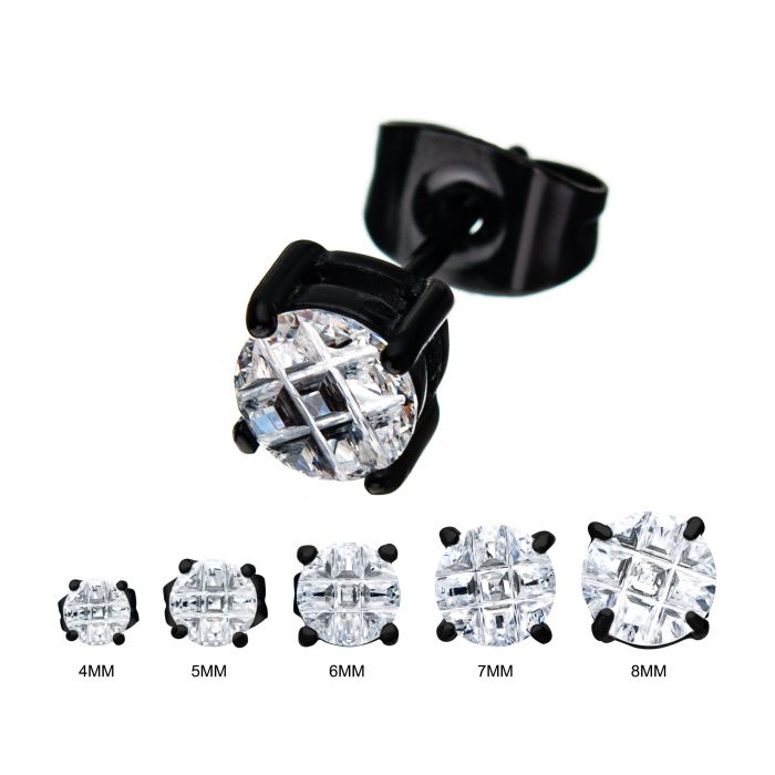 Stainless Steel and Black Plated with Hashtag CZ Round Cut Stud Earrings