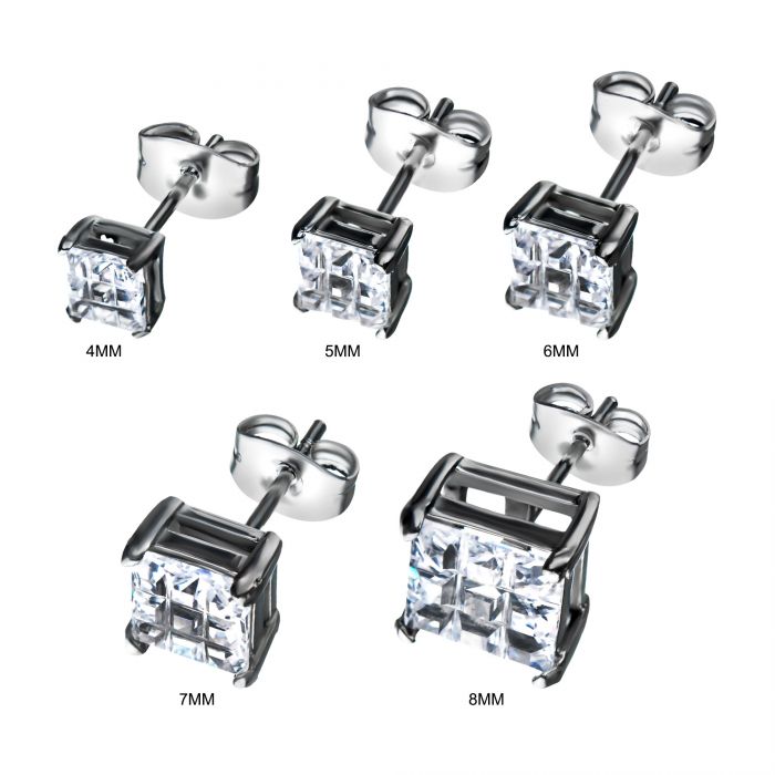 Stainless Steel with Hashtag CZ Square Cut Stud Earrings