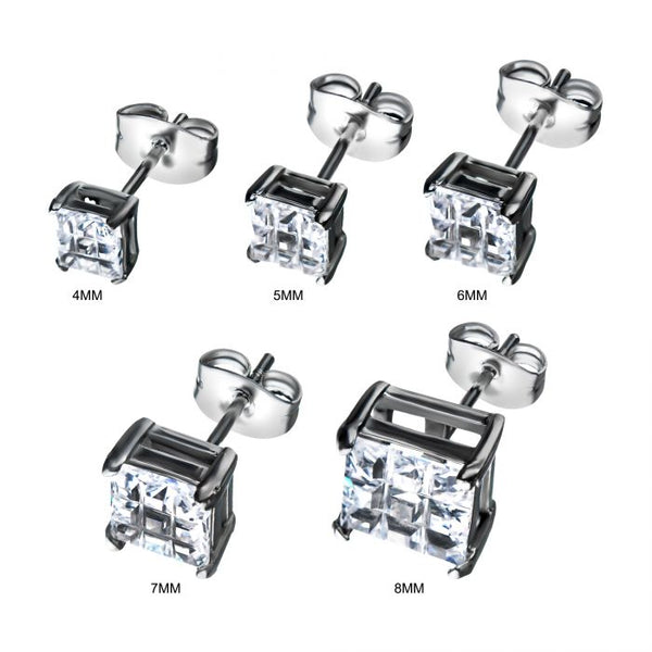 Stainless Steel with Hashtag CZ Square Cut Stud Earrings