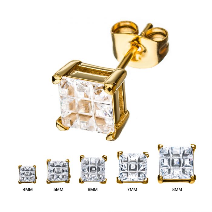 Stainless Steel and Gold Plated with Hashtag CZ Square Cut Stud Earrings