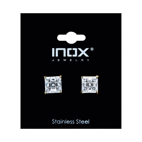 Stainless Steel and Gold Plated with Hashtag CZ Square Cut Stud Earrings