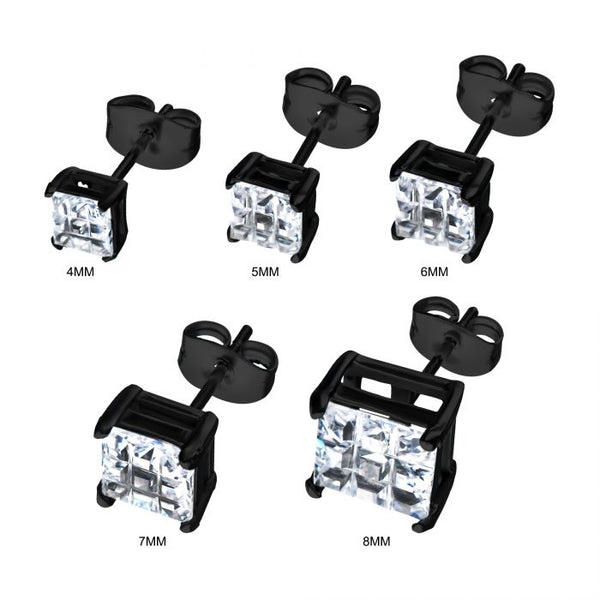 Stainless Steel and Black Plated with Hashtag CZ Square Cut Stud Earrings