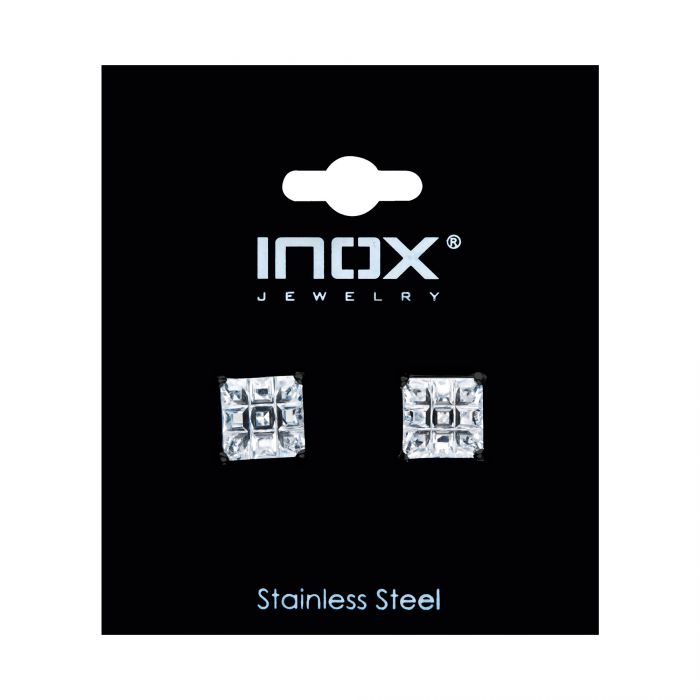 Stainless Steel and Black Plated with Hashtag CZ Square Cut Stud Earrings