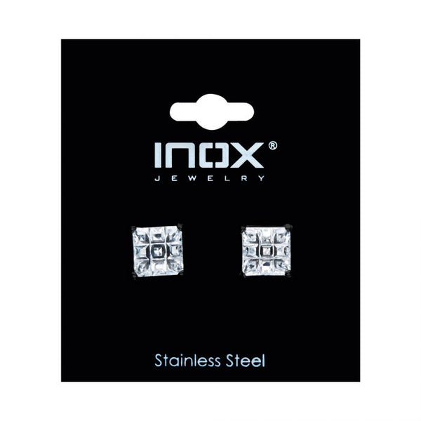 Stainless Steel and Black Plated with Hashtag CZ Square Cut Stud Earrings