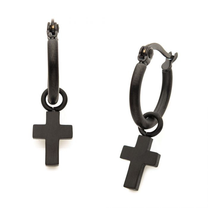 Matte Black Plated Hoop with Cross Dangle Earrings