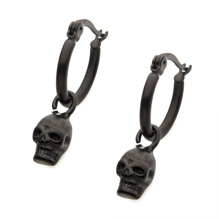 Matte Black Plated Hoop with Skull Dangle Earrings