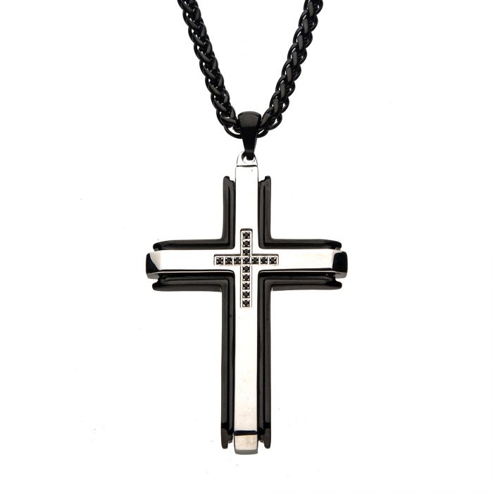 Stainless Steel Black Plated with Black CZs at the Center Cross Pendant with Black Wheat Chain