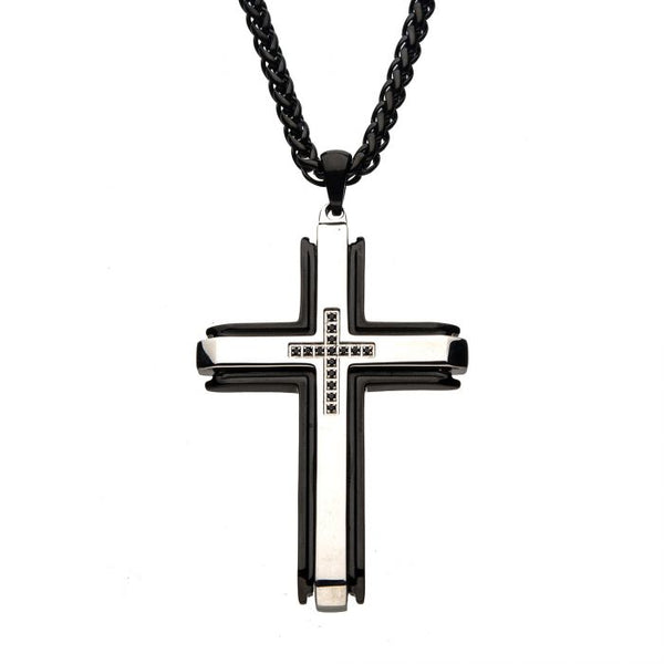 Stainless Steel Black Plated with Black CZs at the Center Cross Pendant with Black Wheat Chain