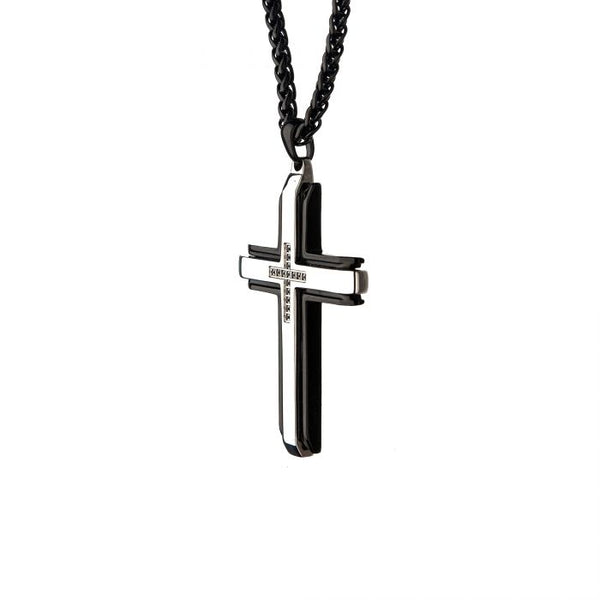 Stainless Steel Black Plated with Black CZs at the Center Cross Pendant with Black Wheat Chain