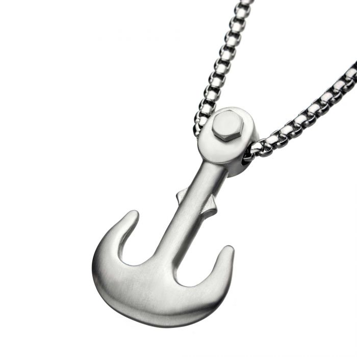 Matte Steel Man of War Anchor Pendant with Steel Bold Box Chain