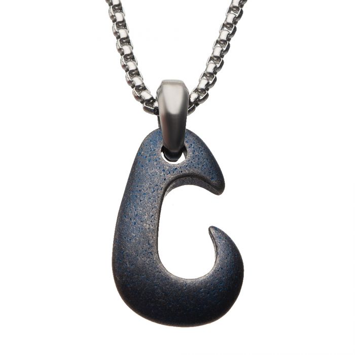 Stainless Steel and Blue Plated Antiqued Finish Hook Pendant with Chain