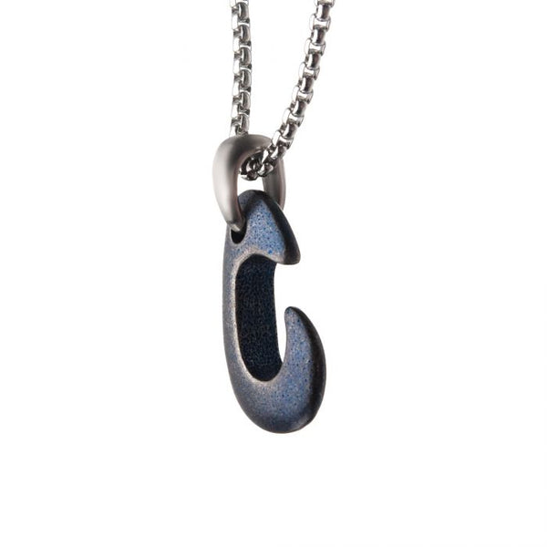 Stainless Steel and Blue Plated Antiqued Finish Hook Pendant with Chain