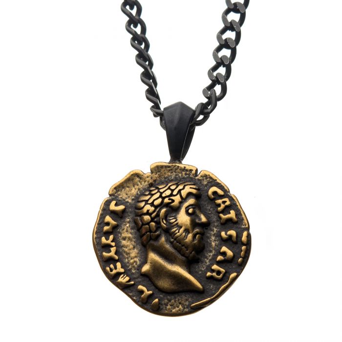 Steel Antiqued Coin Pendant with Chain