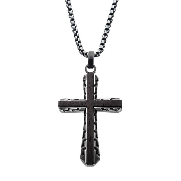 Antique Gun Metal Sepulchre Genuine Ebony Wood Inlayed Cross Pendant with Gun Metal Box Chain