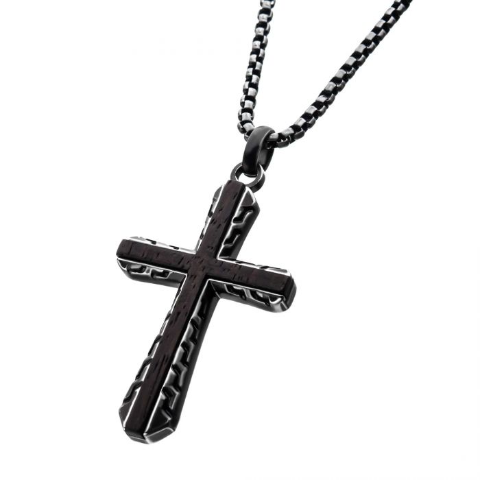 Antique Gun Metal Sepulchre Genuine Ebony Wood Inlayed Cross Pendant with Gun Metal Box Chain