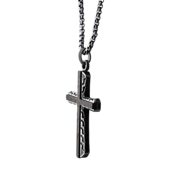 Antique Gun Metal Sepulchre Genuine Ebony Wood Inlayed Cross Pendant with Gun Metal Box Chain