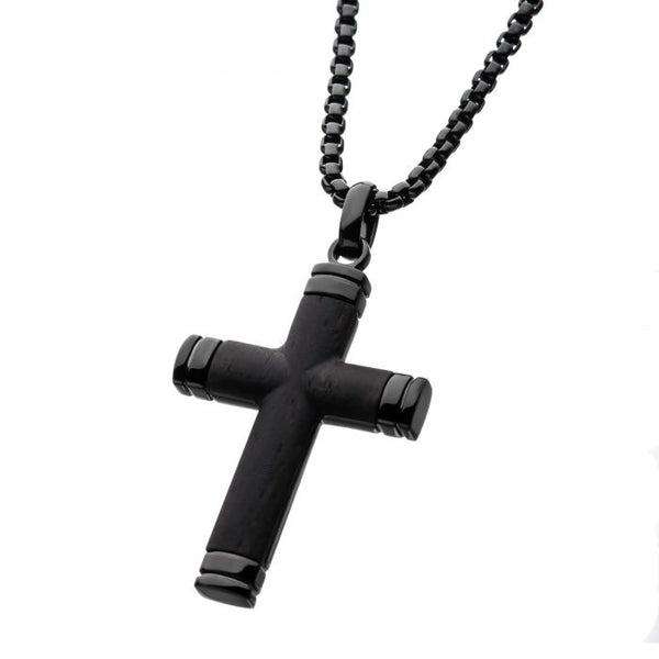 Black Plated Genuine Ebony Wood Inlayed Cross Pendant with Black Bold Box Chain