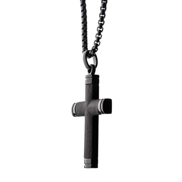 Black Plated Genuine Ebony Wood Inlayed Cross Pendant with Black Bold Box Chain