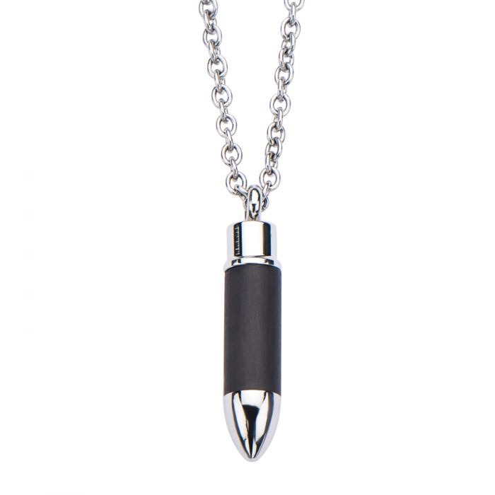 Stainless Steel and Carbon Graphite Bullet Pendant with 22 inch Chain