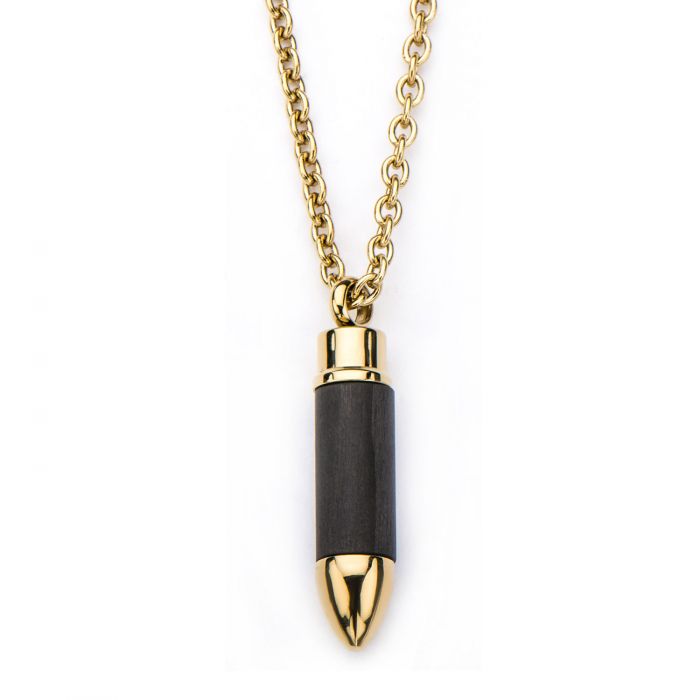 Stainless Steel Gold Plated and Carbon Graphite Bullet Pendant with 22 Chain