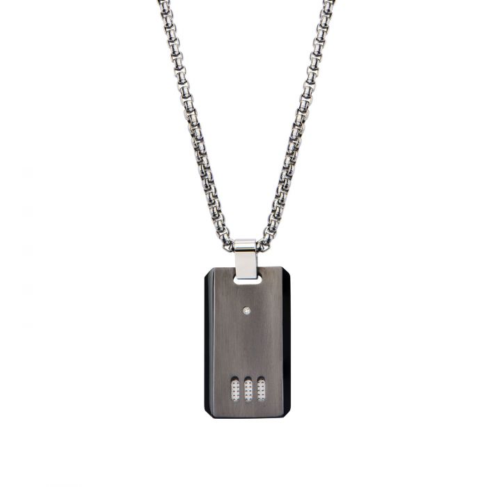 Black Plated Gun Metal Finish with CZ Dog Tag Pendant with Chain