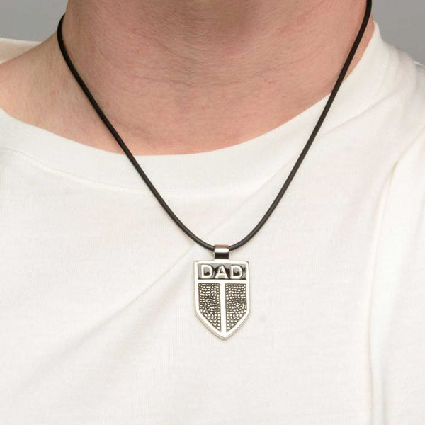 DAD Shield Pendant with Black Leather Cord Chain