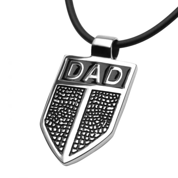 DAD Shield Pendant with Black Leather Cord Chain