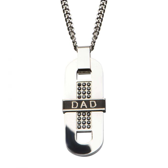 Engraved DAD & Black IP with Black CZ Dog Tag Pendant with Chain