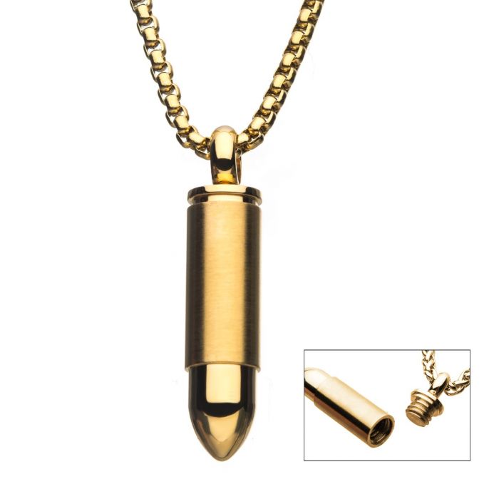 Stainless Steel & Gold IP Memorial Bullet Pendant with Gold IP Chain