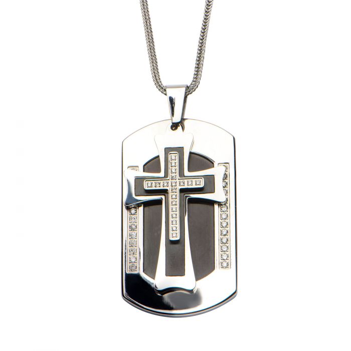 Stainless Steel with 19piece CNC Prong Set Clear Genuine Diamond & Cross on Dog Tag Pendant with Chain