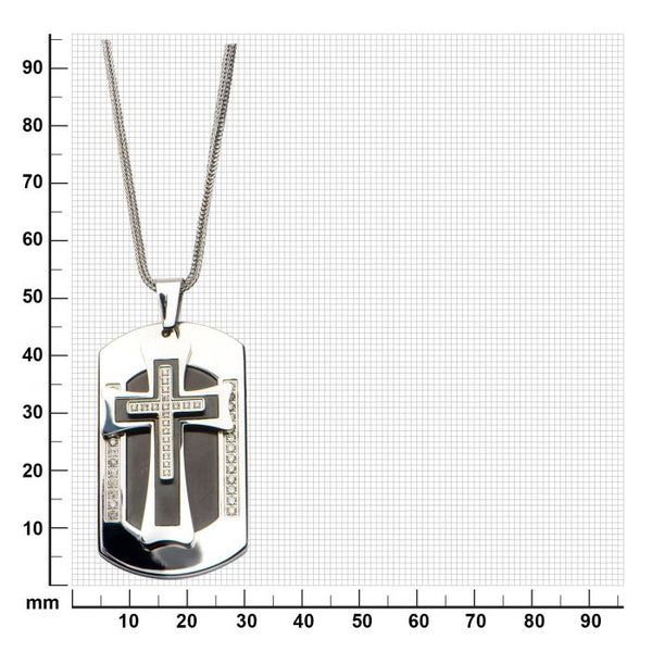 Stainless Steel with 19piece CNC Prong Set Clear Genuine Diamond & Cross on Dog Tag Pendant with Chain