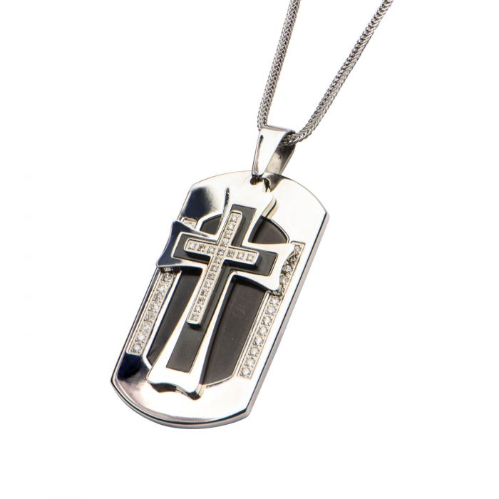 Stainless Steel with 19piece CNC Prong Set Clear Genuine Diamond & Cross on Dog Tag Pendant with Chain