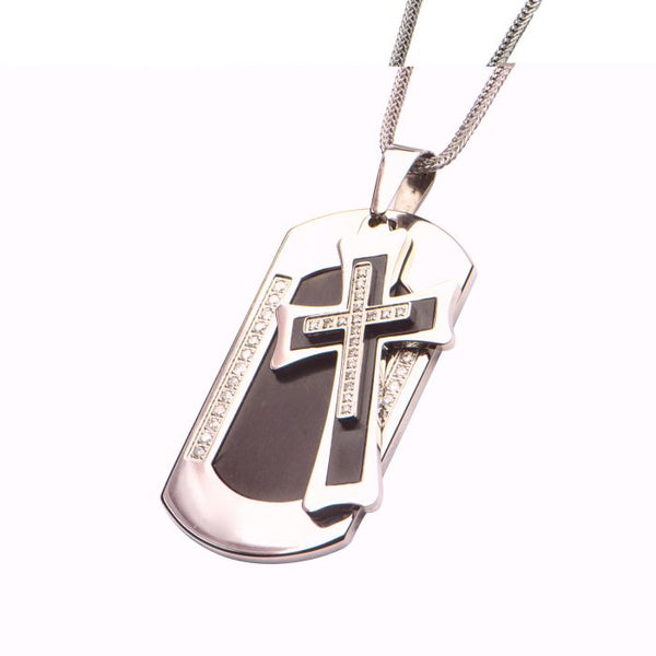 Stainless Steel with 19piece CNC Prong Set Clear Genuine Diamond & Cross on Dog Tag Pendant with Chain