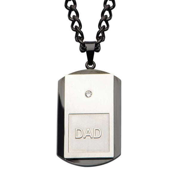 Engraved DAD wth Clear CZ Dog Tag Pendant with Chain