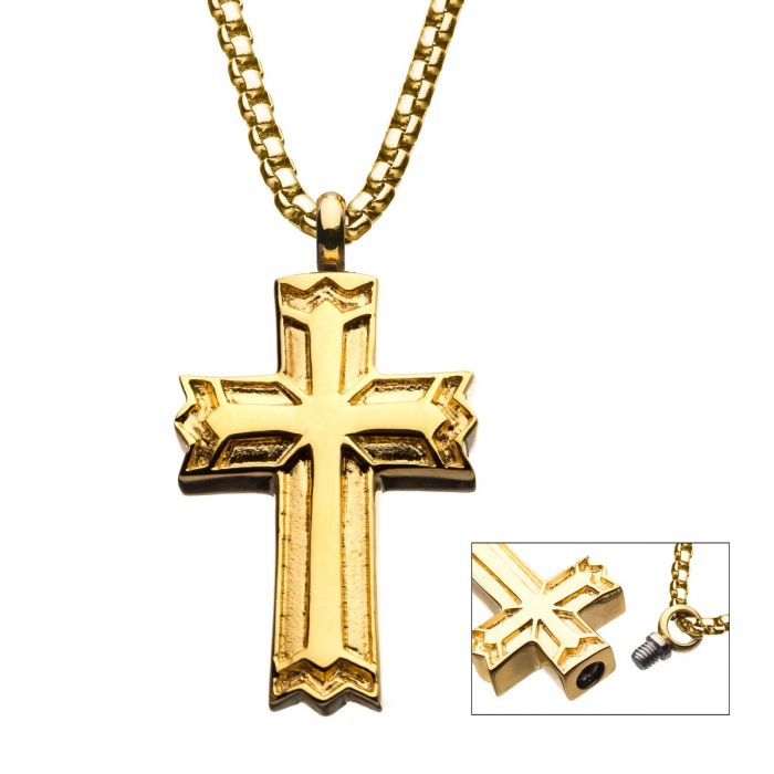 Stainless Steel & Gold IP Memorial Gothic Cross Pendant with Gold IP Box Chain