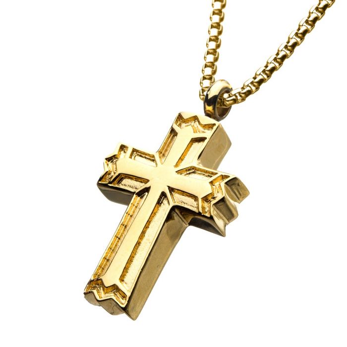 Stainless Steel & Gold IP Memorial Gothic Cross Pendant with Gold IP Box Chain