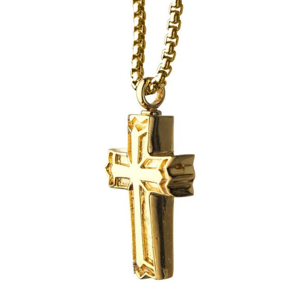 Stainless Steel & Gold IP Memorial Gothic Cross Pendant with Gold IP Box Chain