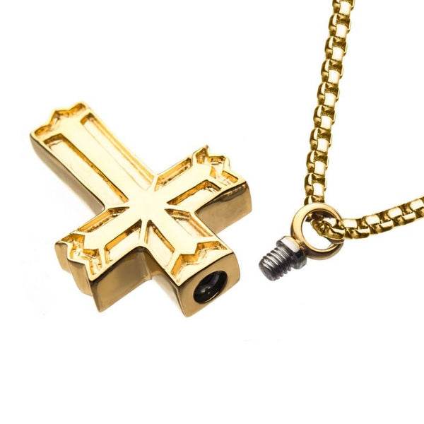 Stainless Steel & Gold IP Memorial Gothic Cross Pendant with Gold IP Box Chain