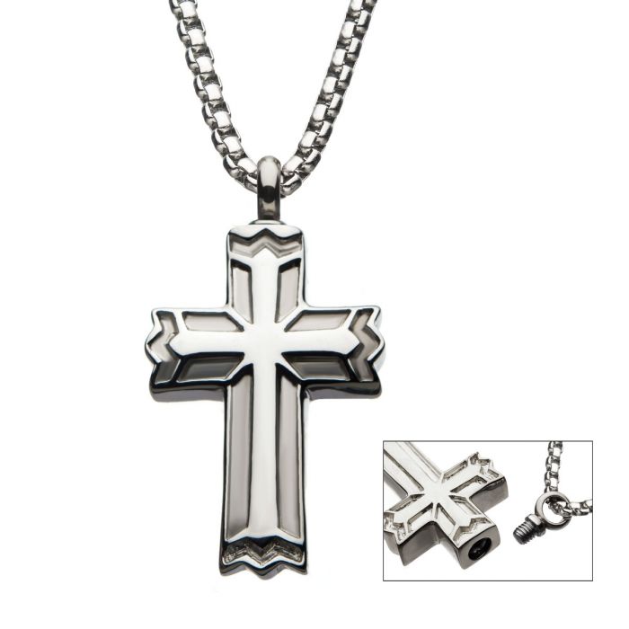 Stainless Steel Memorial Gothic Cross Pendant wiith Steel Box Chain