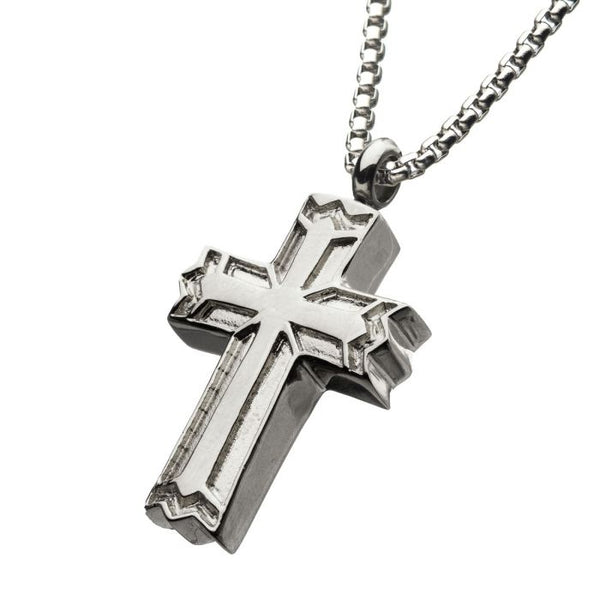 Stainless Steel Memorial Gothic Cross Pendant wiith Steel Box Chain