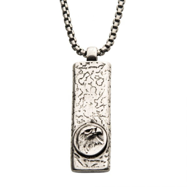 Stainless Steel Silver Plated Dog Tag Pendant with Eagle Head Inlay, with Steel Box Chain