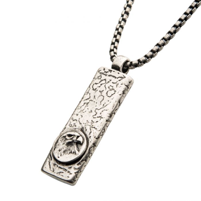 Stainless Steel Silver Plated Dog Tag Pendant with Eagle Head Inlay, with Steel Box Chain