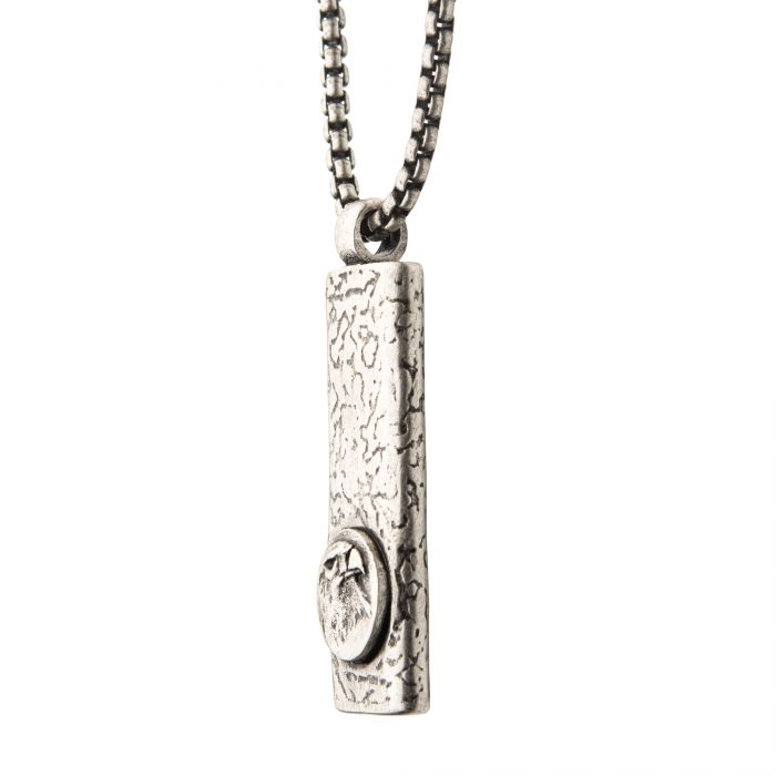 Stainless Steel Silver Plated Dog Tag Pendant with Eagle Head Inlay, with Steel Box Chain