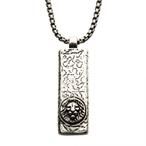 Stainless Steel Silver Plated Dog Tag Pendant with Lion Head Inlay, with Steel Box Chain