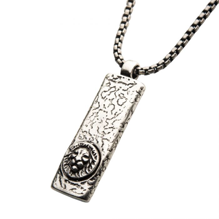 Stainless Steel Silver Plated Dog Tag Pendant with Lion Head Inlay, with Steel Box Chain