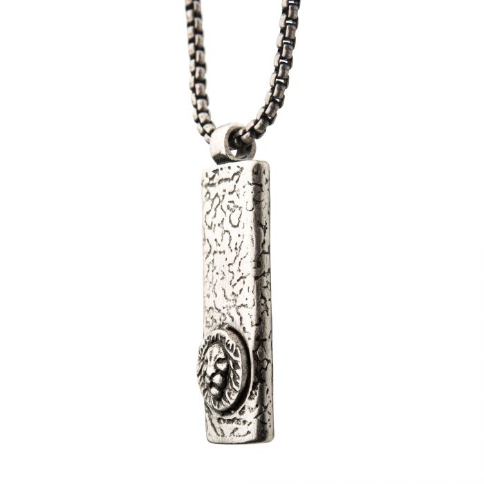 Stainless Steel Silver Plated Dog Tag Pendant with Lion Head Inlay, with Steel Box Chain
