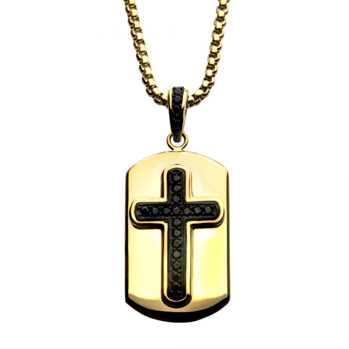 Black Plated Cross with Black CZ Inlay and 18K Gold Plated Dog Tag Pendant, with Steel Box Chain