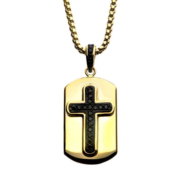 Black Plated Cross with Black CZ Inlay and 18K Gold Plated Dog Tag Pendant, with Steel Box Chain