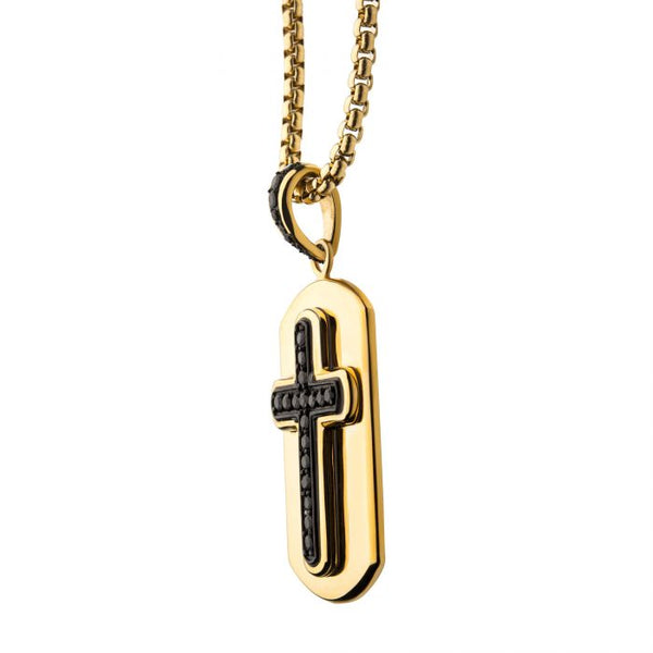 Black Plated Cross with Black CZ Inlay and 18K Gold Plated Dog Tag Pendant, with Steel Box Chain